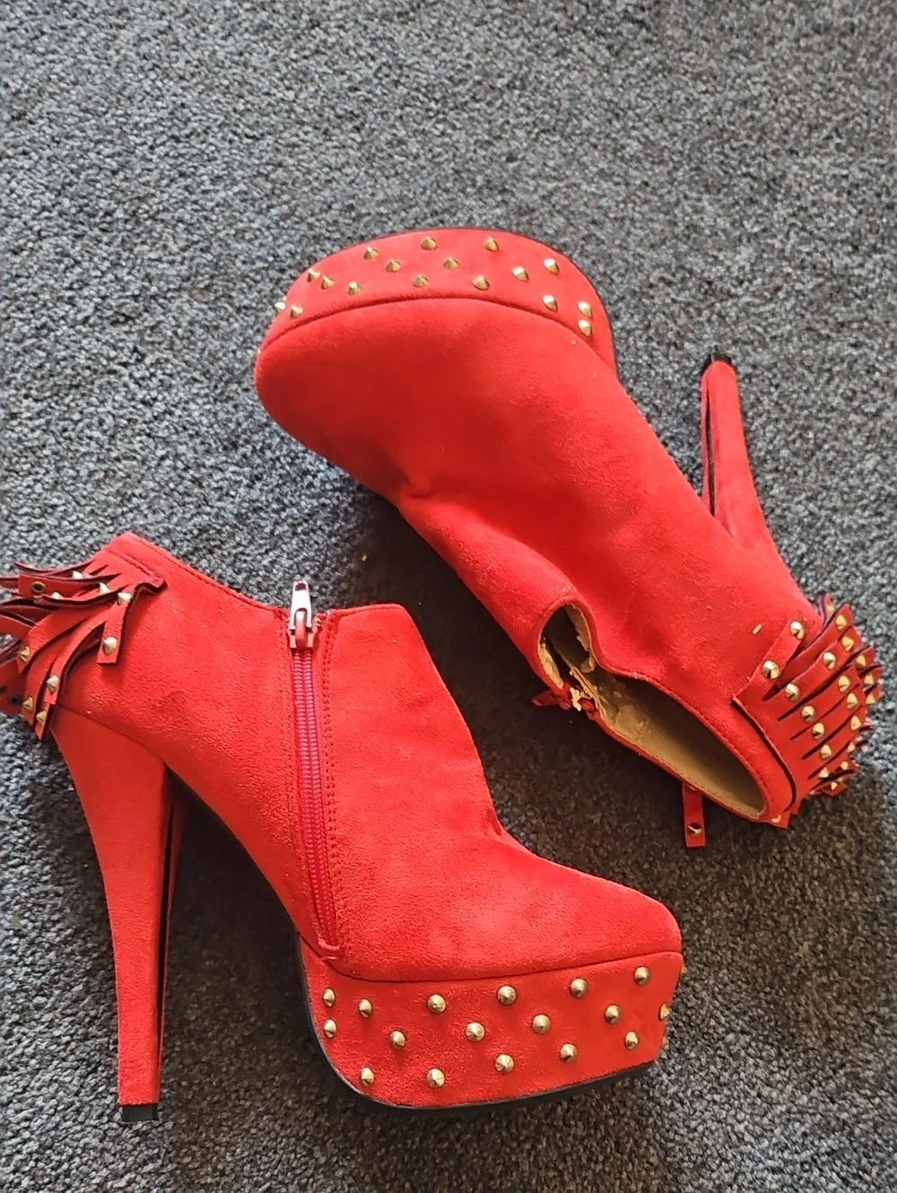 Red Studded Fringe Platform Ankle Heels - Women